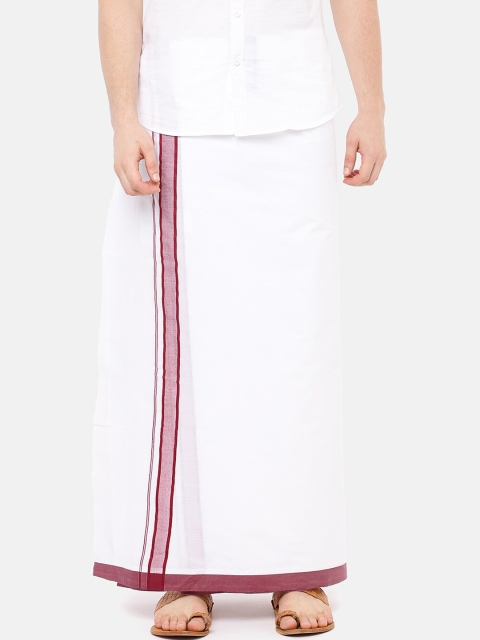 

RAMRAJ COTTON Men White Solid Aaral Dhoti With Maroon Border