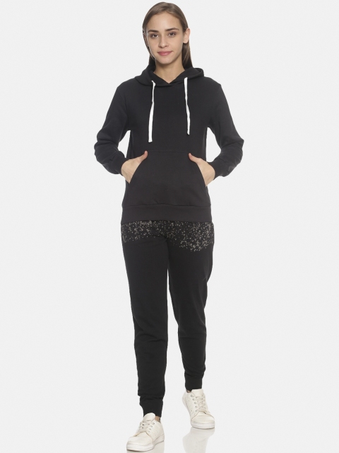 

Campus Sutra Women Black Solid Solid Casual Hooded Tracksuit