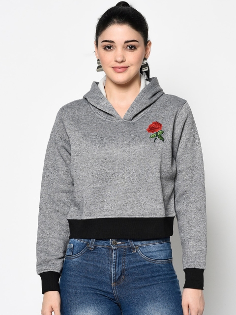 

ELEGANCE Women Grey & Black Colourblocked Hooded Pullover Sweatshirt