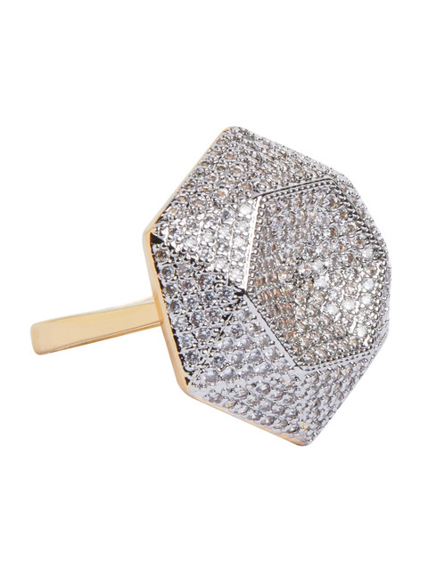 

shaze Rhodium-Plated Silver-Toned & White CZ-Studded Tabletop Finger Ring