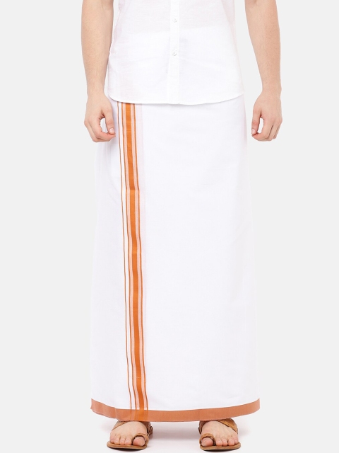 

RAMRAJ COTTON Men White Solid Ozone Fancy Dhoti With Brown Border