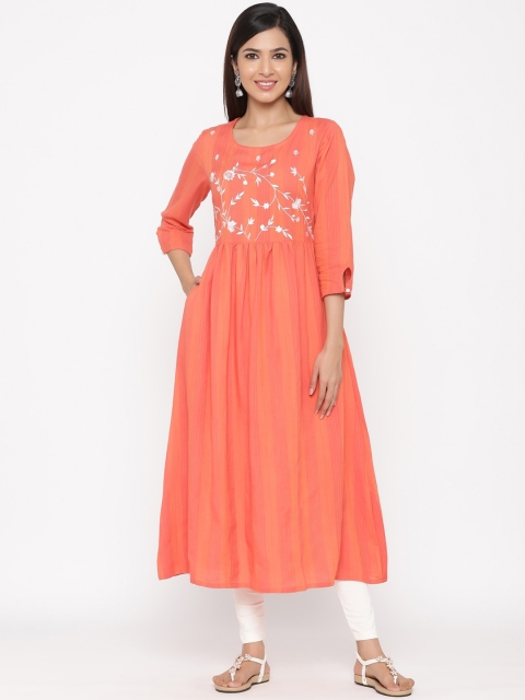 

Jaipur Kurti Women Coral Pink Yoke Design Anarkali Kurta