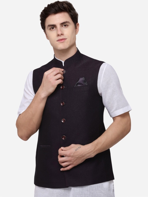 

JADE BLUE Men Burgundy Woven Design Nehru Jacket