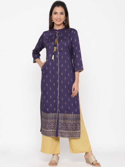 

Jaipur Kurti Women Navy Blue & Beige Printed Kurta with Palazzos