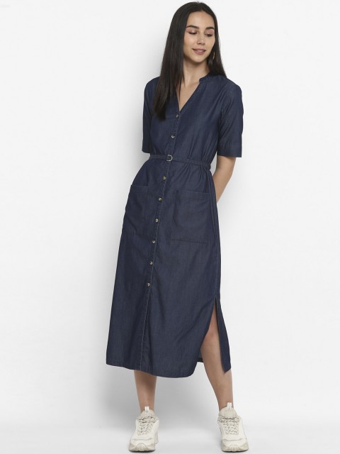

FOSH Women Navy Blue Denim Solid Shirt Dress