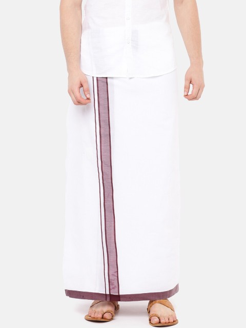

RAMRAJ COTTON Men White Solid Ozone Dhoti With Purple Border