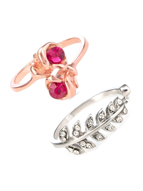

Mahi Set Of 2 Crystal-Studded Finger Rings, Silver