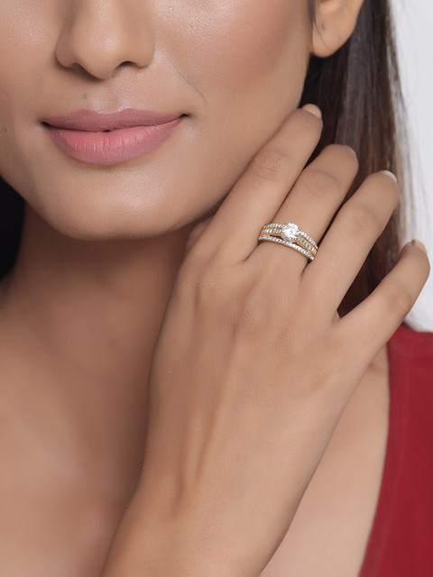 

Tistabene Gold-Plated & White AD-Studded Contemporary Two Tone Finger Ring
