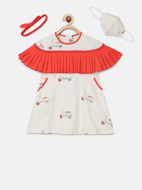 

Tutus By Tutu Girls Off-White Printed A-Line Dress With Matching Mask