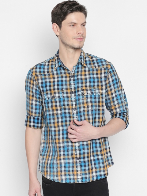 

Basics Men Yellow & Blue Slim Fit Checked Casual Shirt