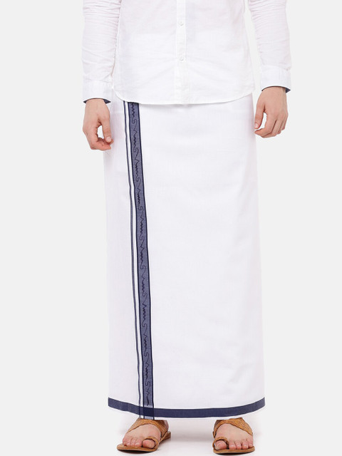 

RAMRAJ COTTON Men White Solid Emirate Dhoti With Navy Blue Border