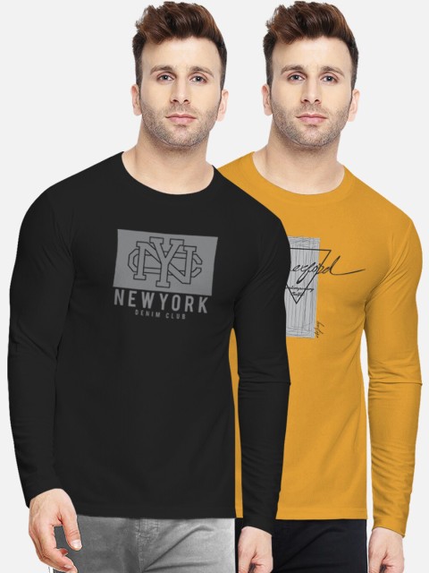 

BULLMER Men Pack Of 2 Printed Round Neck Pure Cotton T-shirt, Black
