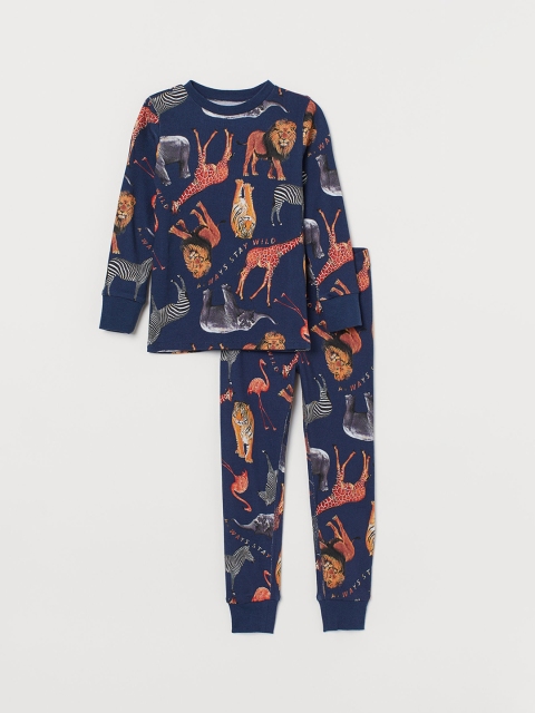 

H&M Boys Navy Blue & Brown Printed Jersey Night Suits