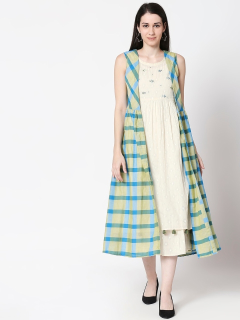 

TERQUOIS Women Cream-Coloured Self Design Layered Fit and Flare Dress