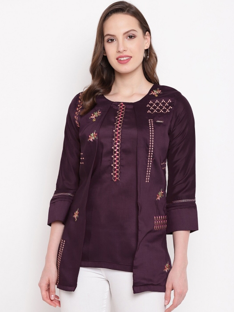 

Kvsfab Women Burgundy & Pink Embroidered A-Line Kurti