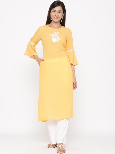 

Jaipur Kurti Women Yellow & White Floral Embroidered Kurta with Trousers