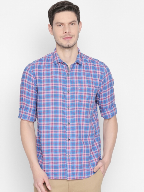 

Basics Men Pink & Blue Slim Fit Checked Casual Shirt