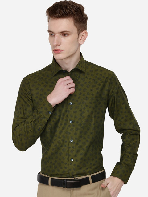 

METAL Men Olive Green & Black Slim Fit Printed Semiformal Shirt