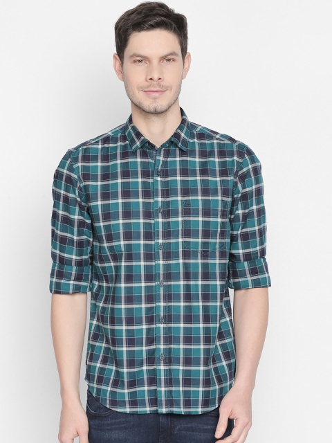 

Basics Men Green Slim Fit Checked Casual Shirt