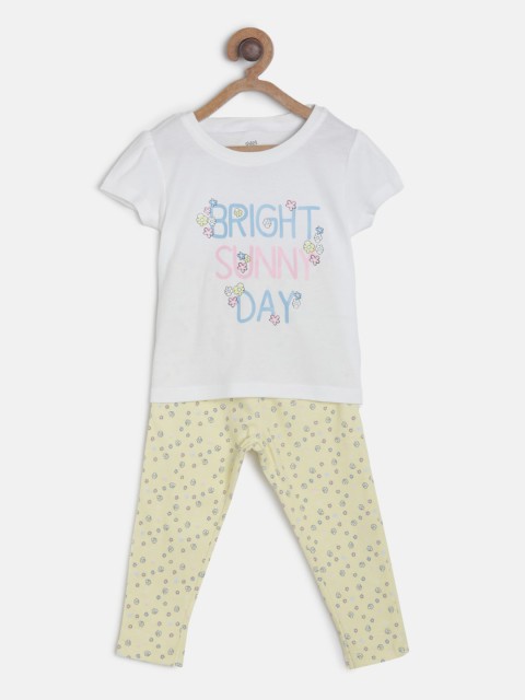 

MINI KLUB Girls White & Yellow Printed T-shirt with Lounge Pants