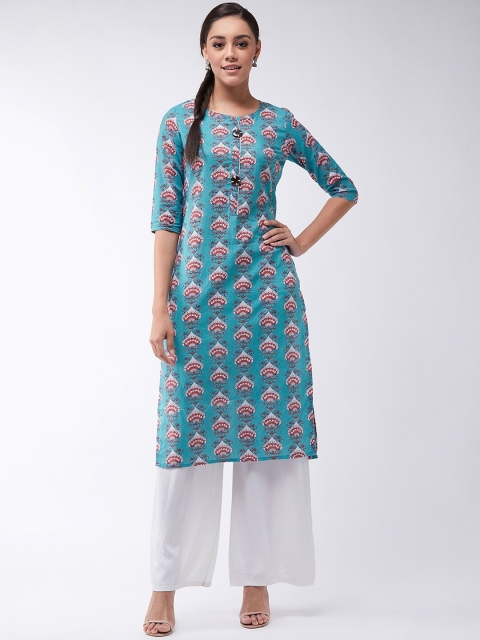 

InWeave Women Turqouise Blue & Pink Printed Straight Kurta, Turquoise blue