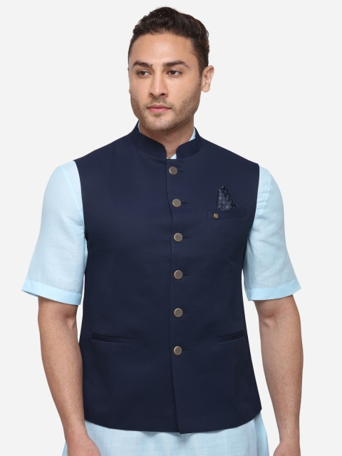 

Greenfibre Men Blue Solid Nehru Jacket