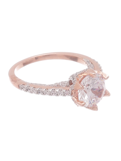 

Tistabene Rose Gold-Toned & White AD-Studded Classic Six Prong Set Solitaire Finger Ring