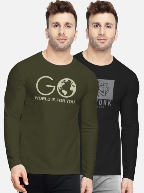

BULLMER Men Pack Of 2 Printed Round Neck Pure Cotton T-shirt, Olive