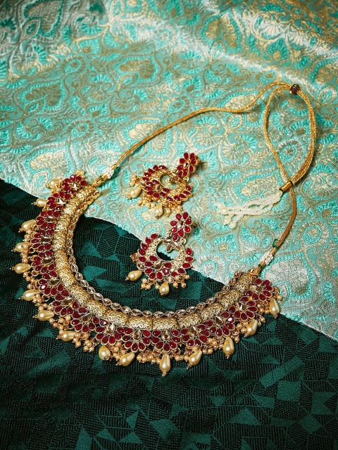 

PANASH Gold-Plated & Red Stone-Studded Handcrafted Jewellery Set
