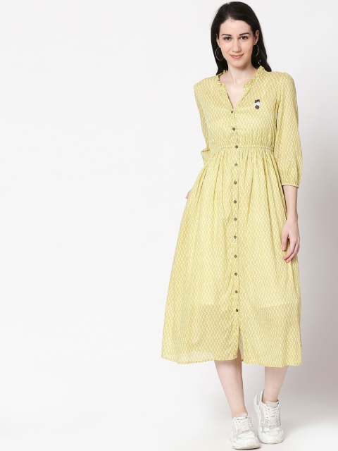 

TERQUOIS Women Yellow Printed Fit and Flare Dress