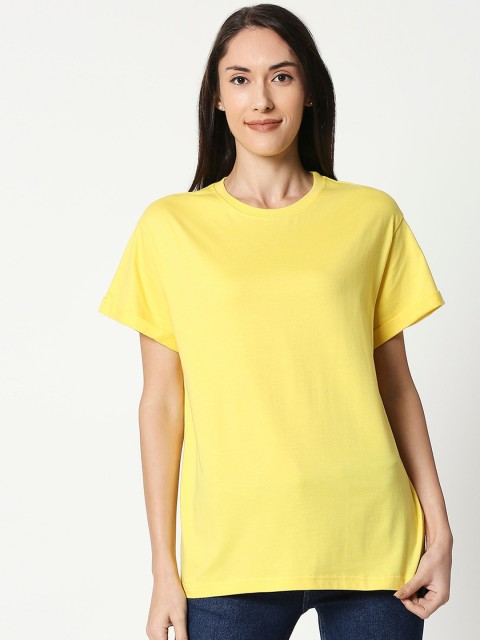 

Bewakoof Women Yellow Solid Boyfriend T-shirt