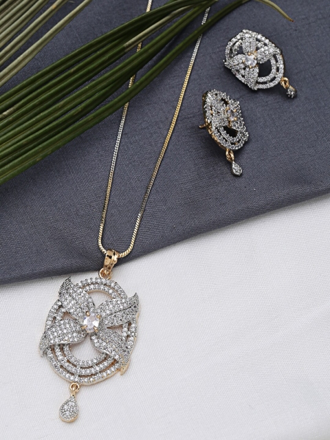 

ZeroKaata Gold-Plated White & Silver-Toned AD-Studded Handcrafted Jewellery Set