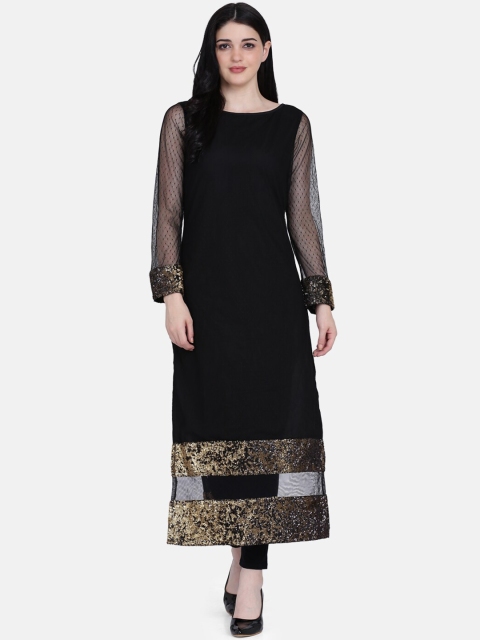 

Ojjasvi Women Black Solid Sequence Details A-Line Kurta