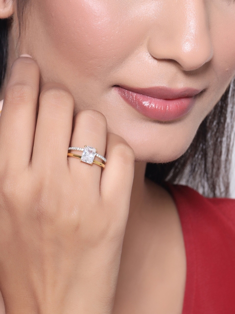 

Tistabene Gold-Plated & White AD-Studded Contemporary Two Tone Finger Ring