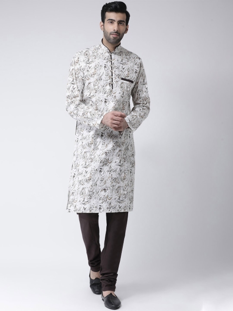 SG LEMAN Men Off White & Brown Printed Kurta with Churidar