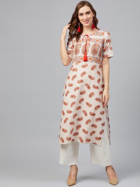 

ZIYAA Women Cream-Coloured Printed Straight Kurta
