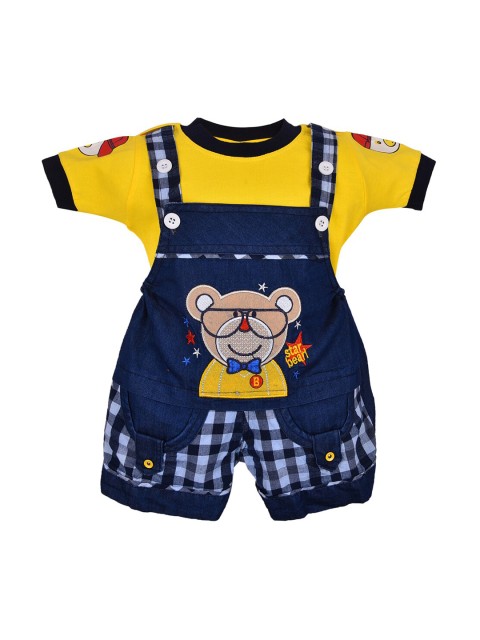 

Wish Karo Infant Kids Blue & Yellow Applique Dungaree With T-Shirt