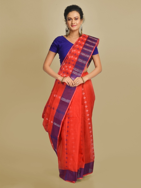 

Mitera Orange Pure Cotton Handloom Woven Design Taant Saree
