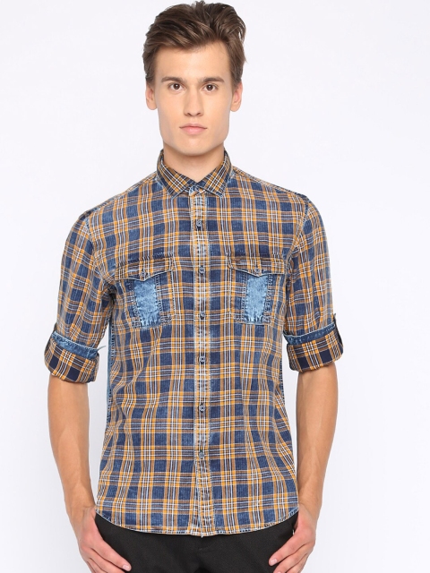 

Basics Men Blue & Yellow Slim Fit Checked Casual Shirt