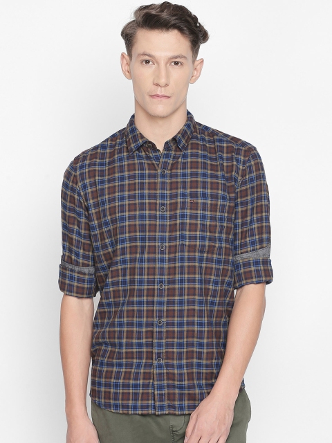

Basics Men Brown & Navy Blue Slim Fit Checked Casual Shirt