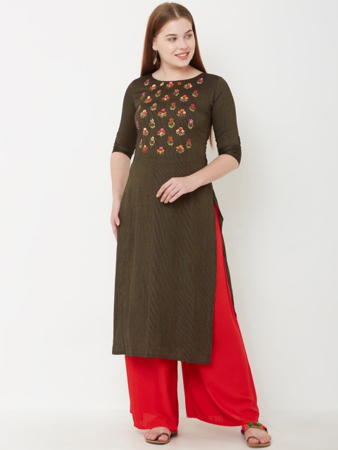 

FASHOR Women Black Embroidered Straight Kurta