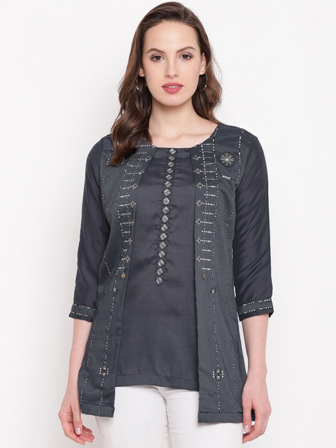 

Kvsfab Women Grey & Silver-colour Embroidered Tunics