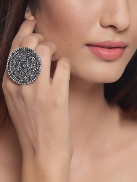 

Tistabene Oxidised Silver-Plated Floral Embossed Handcrafted Cocktail Finger Ring