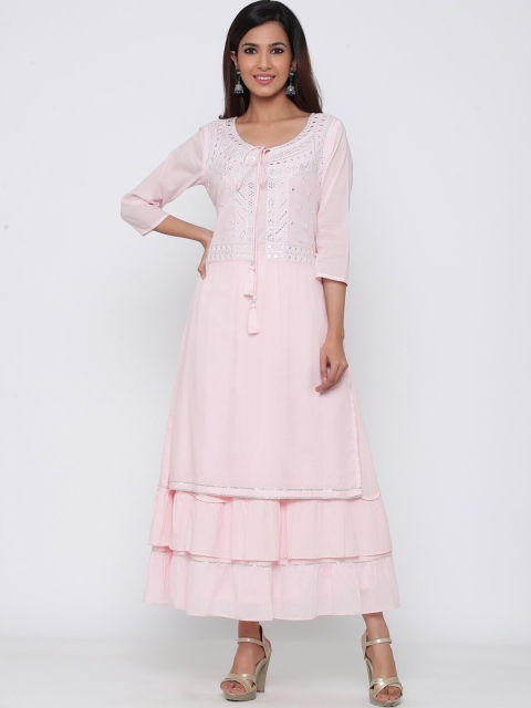 

Juniper Women Pink Woven Design Mirror Work Straight Kurta