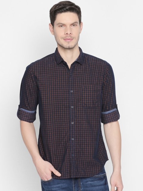 

Basics Men Brown & Navy Blue Slim Fit Checked Casual Shirt