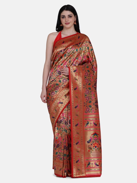 

BOMBAY SELECTIONS Red & Gold-Toned Silk Blend Handloom Printed Banarasi Saree