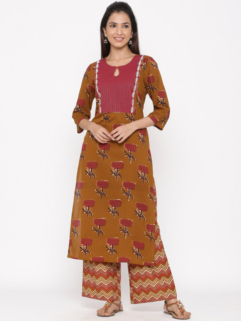 

Jaipur Kurti Women Olive Brown & Maroon Printed Kurta with Palazzos