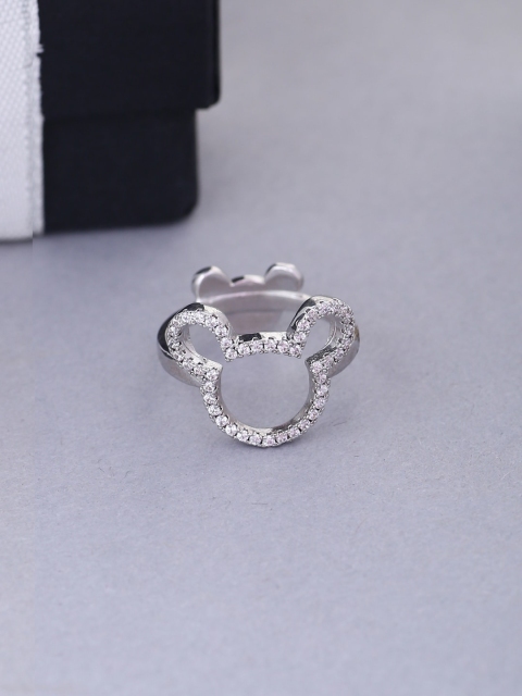 

Tistabene Rhodium-Plated Silver-Toned & White AD-Studded Mickey Mouse Finger Ring