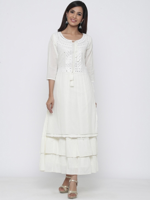 

Juniper Women Off-White Woven Design Mirror Work Straight Kurta