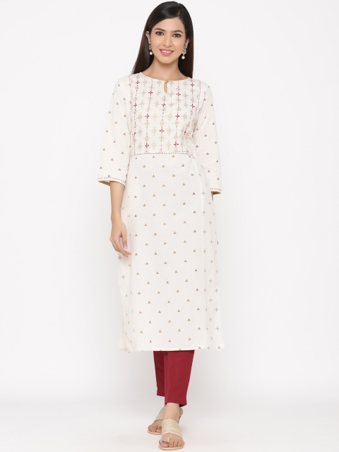 

Jaipur Kurti Women Off-White & Maroon Embroidered Kurta with Trousers